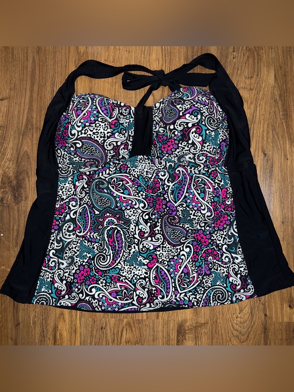 Catalina Black Halter Swim Top with Multicolor Paisley Trim